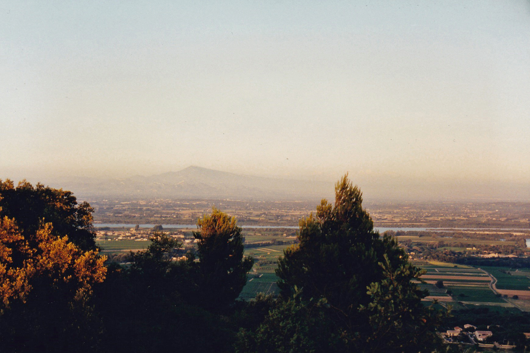 Mont Ventoux in the haze to the east, with the Rhone river below